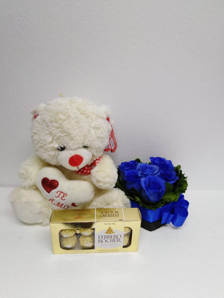 6 Rosas Azules en Caja Corazn, Bombones Ferrero Rocher 100Grs y Peluche de 20 cm 